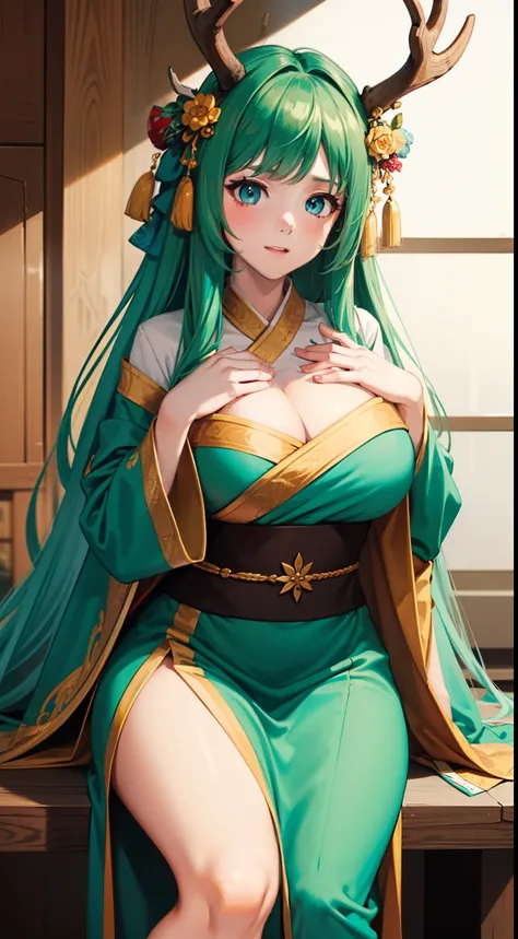 （（Hands of Guido Daniele））（deer antlers）（（ru_qun））），best_quality，（（（anime big breast））），heads，original_outfit，Hanfu，Clear details，tmasterpiece，best_quality，Clear details，1 rapariga，Green clothes，Detailed skin texture，Detailed cloth texture，beautiful  detai...