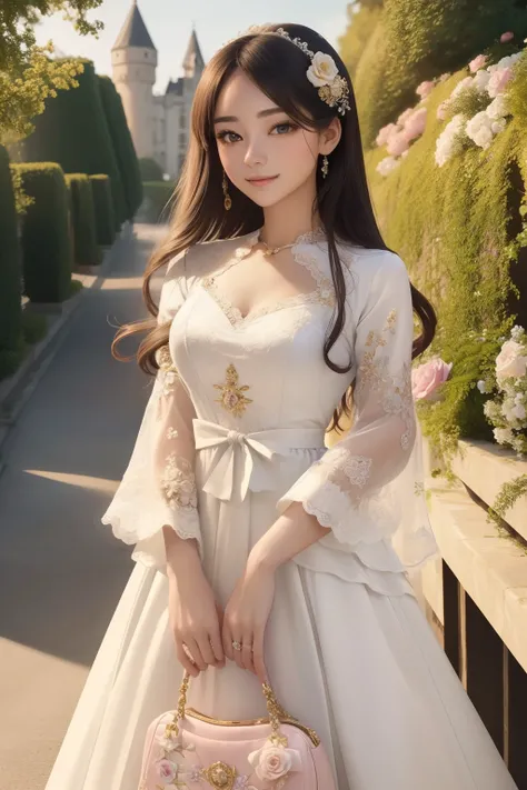 ((top-quality、​masterpiece、photographrealistic:1.4、8K))、1 beautiful detailed girl、extremely detailed eye and face、beatiful detailed eyes、（Rococo Lolita style dress）、Luxury Accessories、Elegant smile、（Strolling through the beautiful gardens、Roses and castles...