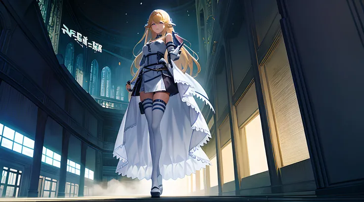 Anime girl in white dress holding a sword in a building, Detailed key anime art, Kushatt Krenz Key Art Women, Splash art anime Loli, Anime art wallpaper 8 K, Guweiz in Pixiv ArtStation, Anime art wallpaper 4 K, trending on artstation pixiv, Anime art wallp...