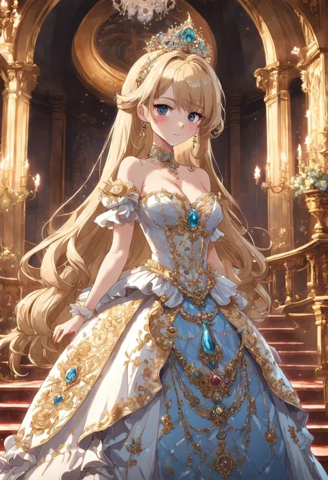 ((anime artstyle)),(Masterpiece),(Best Quality),(Super Detail),(Very Delicate and Beautiful),Solo,((full body,standing pose)),standing in the royal palace,((1 queen in jeweled gorgeous rococo ballgown with voluminous full length hoop skirt)),(crinoline),go...