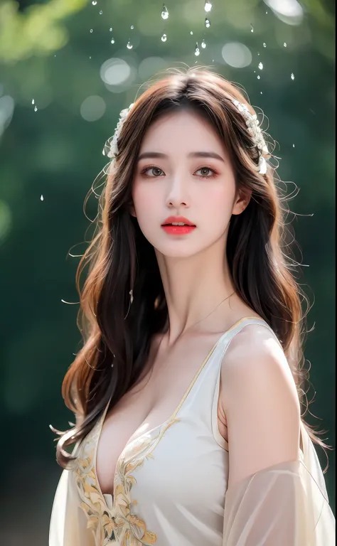 ((Best Quality, 8k, Masterpiece: 1.3)), Focus: 1.2, Perfect Body Beauty: 1.4, Buttocks: 1.2, ((Layered Haircut)), (Wet Clothes: 1.1), (Rain, Street:1.3), (Breasts: 1.2), (Hanfu: 1.2), Bare Shoulders, Bare Legs, Highly Detailed Face and Skin Texture, Fine E...