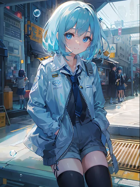 ((top-quality)), ((​masterpiece)), ((ultra-detailliert)), (extremely delicate and beautiful), girl with, 独奏, cold attitude,((Black jacket)),She is very(relax)with  the(Settled down)Looks,A dark-haired, depth of fields,evil smile,Bubble, under the water, Ai...