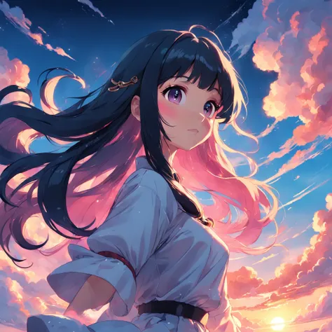 masterpiece, best quality, movie still, nicki minaj rapper anime style, sexy , long black hair, cloud girl, floating in the sky, close-up, bright, happy, warm soft lighting, sunset, (sparks:0.7)