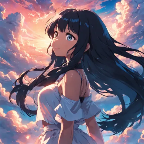 masterpiece, best quality, movie still, nicki minaj rapper anime style, sexy , long black hair, cloud girl, floating in the sky, close-up, bright, happy, warm soft lighting, sunset, (sparks:0.7)