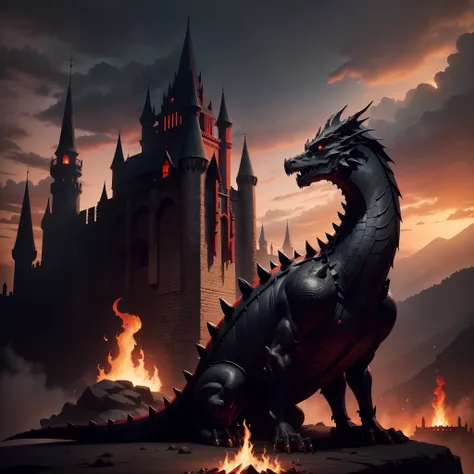 medieval times、Old castle、Black Dragon、Dragon with a long neck、The dragon、long tail、Dignity and dignity、Ominous sky、Red-Black Sky、Doom、Flame from the mouth、solemnity