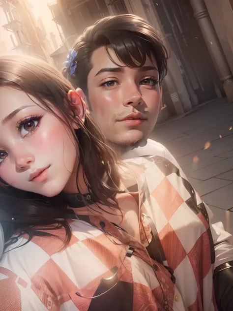 A girl and a boy realistic cute face anime style and make the image wide