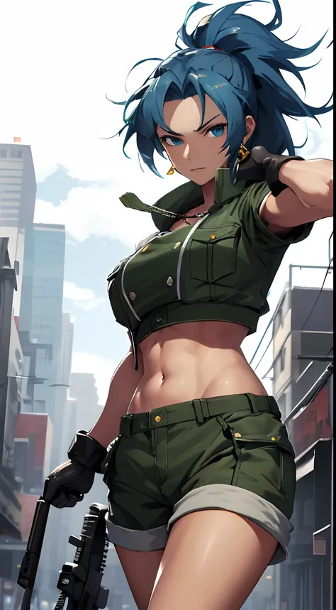 masterpiece,, best quality, highres, 1girl, leona heidern, blue hair, blue eyes, ponytail, green shorts, midriff, crop top, black gloves, breasts, military uniform, green jacket, earrings, jewelry, navel, large breasts, cowboy shot,