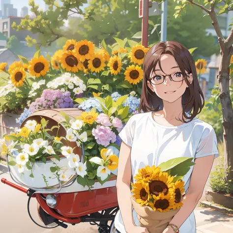 petite girl and flower bike,  realistic , wearing glasses,  long brown silk hair, detail face, smile