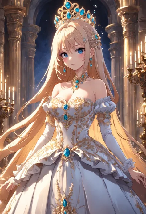 ((anime artstyle)),(Masterpiece),(Best Quality),(Super Detail),(Very Delicate and Beautiful),Solo,((full body,standing pose)),standing in the royal palace,((1 queen in jeweled gorgeous rococo ballgown with voluminous full length hoop skirt)),(crinoline),go...