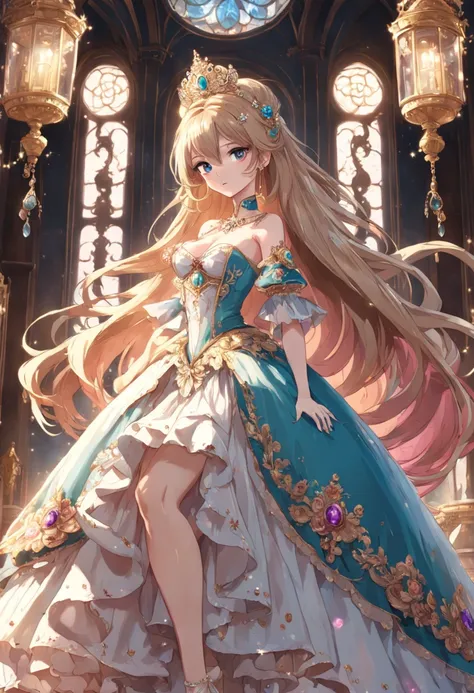 ((anime artstyle)),(Masterpiece),(Best Quality),(Super Detail),(Very Delicate and Beautiful),Solo,((full body,standing pose)),standing in the royal palace,((1 queen in jeweled gorgeous rococo ballgown with voluminous full length hoop skirt)),(crinoline),go...