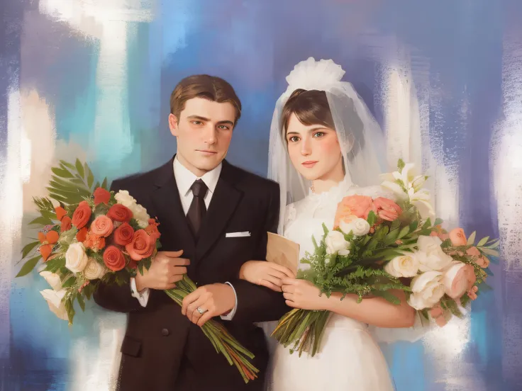 Picture of the bride and groom, holding bouquets of flowers, Wedding photo, wedding, couple portrait, based on Alexander Gerasimov, inspired by Vladimir Borovikovsky, couple portrait, based on Yuri Ivanovich Pimenov, by Maksimilijan Vanka, Nadia Rusheva, a...