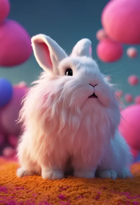 A fluffy rabbit，extremely cute，Colored sky as background，Clouds of colorful marshmallows as decoration，Ultimate HD picture quality