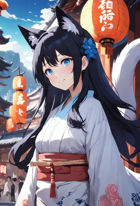 Adult woman, long black hair, blue eyes, white fox ears, open kimono, open chest, smile, masterpiece, high quality