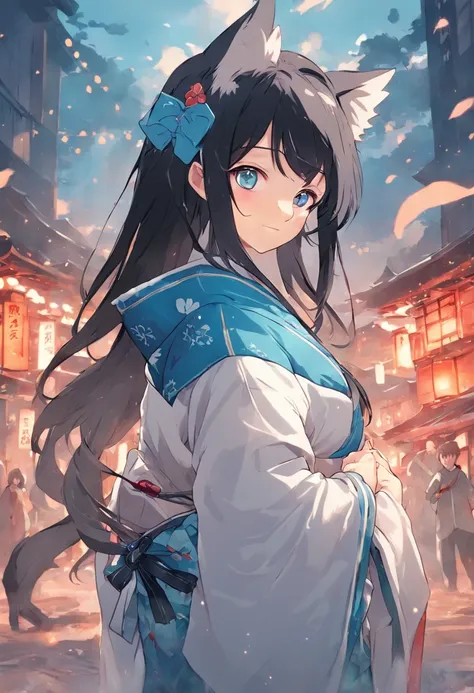 Adult woman, long black hair, blue eyes, white fox ears, open kimono, open chest, smile, masterpiece, high quality