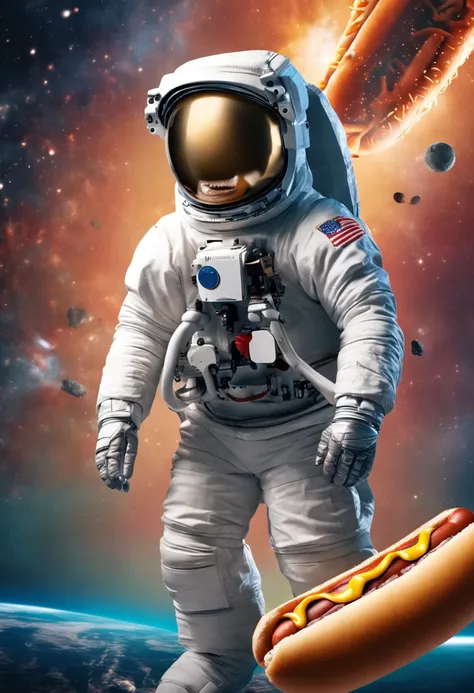 Astronauta segurando um hot dog 3d