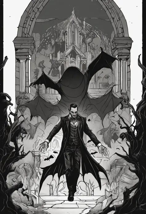 Dark fantasy vibes, corpo inteiro de um vampiro (homem) conde dracula com olhos vermelhos, intrincado (preto) e roupas vermelhas, saindo de uma intrincada e antiga cripta de pedra suntuosa durante uma noite escura,(master part, melhor qualidade, absurdos, ...