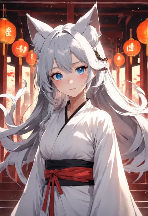 grown woman，cabelos preto e longos，eBlue eyes，White fox ears，Open Hanfu，Open the chest，ssmile，tmasterpiece，high high quality