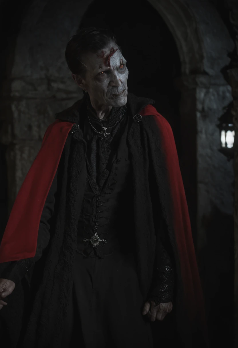 Dark fantasy vibes, corpo inteiro de um vampiro (homem) conde dracula com olhos vermelhos, intrincado (preto) e roupas vermelhas, saindo de uma intrincada e antiga cripta de pedra suntuosa durante uma noite escura,(master part, melhor qualidade, absurdos, ...