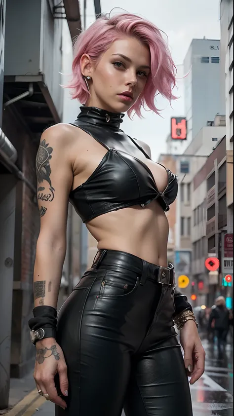 Beautiful woman, 21 year old, dyed pink hair, sexy leather clothes, long breasts, cyberpunk style, realistic detailed, portrait, bad ass, punk rock, rebel, sexy, full body shot