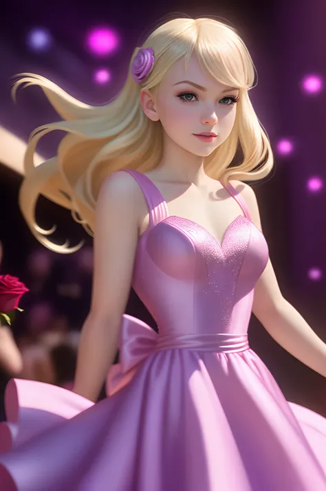 Gwen Stacy in a pinky purple sexy cute prom dress blonde hair nice figure at a prom pinky background with rose hips