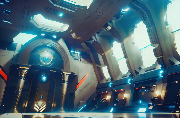 Futuristic (Интерьер Sky Fi) Sid Mead-themed spaceship hall, tmasterpiece, 8K, (((Futuristic interior of the hall)))