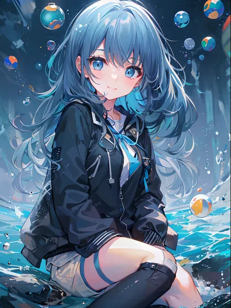 ((top-quality)), ((​masterpiece)), ((ultra-detailliert)), (extremely delicate and beautiful), girl with, 独奏, cold attitude,((Black jacket)),She is very(relax)with  the(Settled down)Looks,A dark-haired, depth of fields,evil smile,Bubble, under the water, Ai...