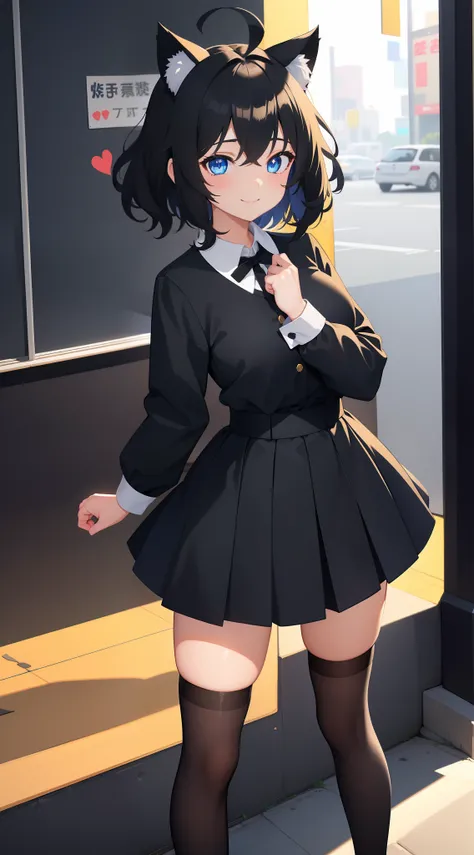 girl with、((Best Quality, high_resolution, Distinct_image)),(Black hair), (Black cat ears), (Ahoge), (absurdly short hair), (Wavy Hair), (Blue eyes),、a smile、mideum breasts、Heart pupil、、in school uniform、fullbody、