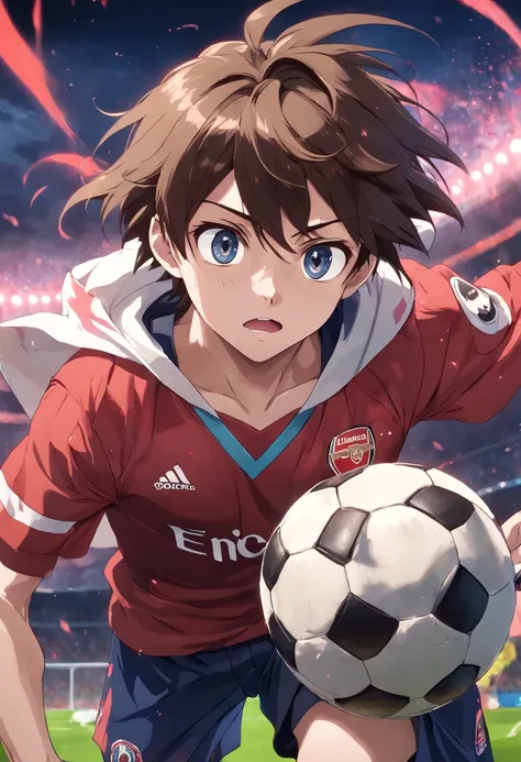 soccer ball，Arsenal，brunette color hair，younge boy，High quality paintings，The character is centered，Close-up of people