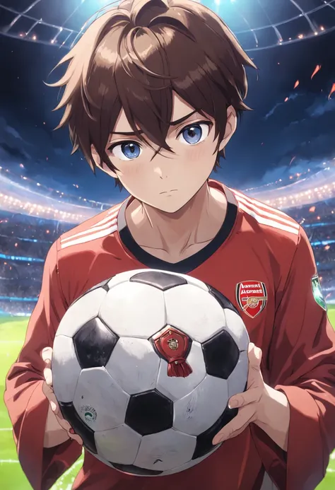 soccer ball，Arsenal，brunette color hair，younge boy，High quality paintings，The character is centered，Close-up of people