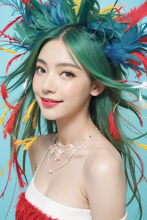 (extra detailed body、extra detailed face、best qualtiy:1.2)、femele、looking at the viewers、(Green mesh hair on white background、17 age、Outstanding smile、piercing of bird feathers down to the bottom of the shoulder,、a necklace、Tank top with blue and red and y...