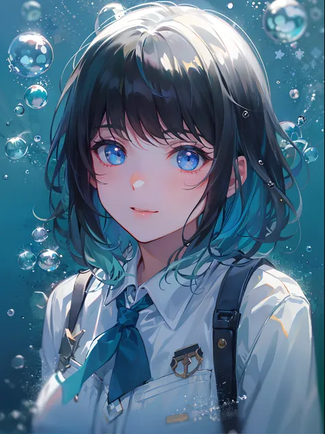 ((top-quality)), ((​masterpiece)), ((ultra-detailliert)), (extremely delicate and beautiful), girl with, 独奏, cold attitude,((Black jacket)),She is very(relax)with  the(Settled down)Looks,A dark-haired, depth of fields,evil smile,Bubble, under the water, Ai...