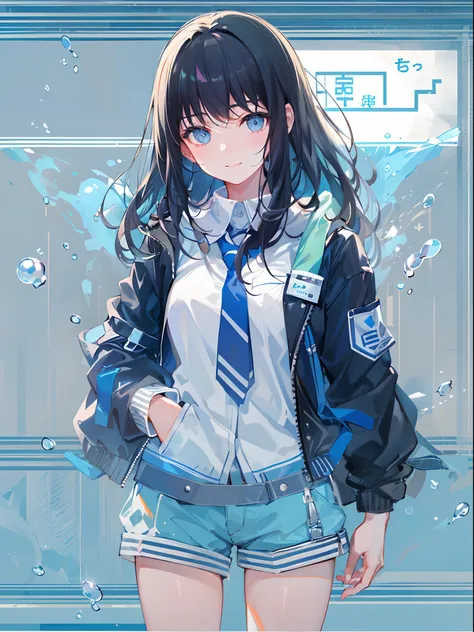 ((top-quality)), ((​masterpiece)), ((ultra-detailliert)), (extremely delicate and beautiful), girl with, 独奏, cold attitude,((Black jacket)),She is very(relax)with  the(Settled down)Looks,A dark-haired, depth of fields,evil smile,Bubble, under the water, Ai...