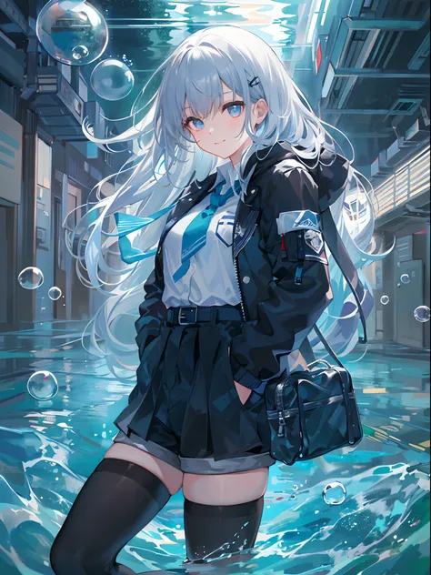 ((top-quality)), ((​masterpiece)), ((ultra-detailliert)), (extremely delicate and beautiful), girl with, 独奏, cold attitude,((Black jacket)),She is very(relax)with  the(Settled down)Looks,A dark-haired, depth of fields,evil smile,Bubble, under the water, Ai...