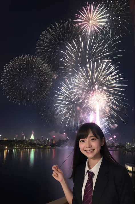 A smile、hi-school girl、校服、While doing fireworks、mare、Tokyo Skytree、cherry trees、a moon、stele、Aurora