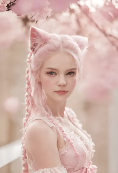 a beauty girl，in pink，nakeness，is shy，cat ear，Beast tail，Face full of milk