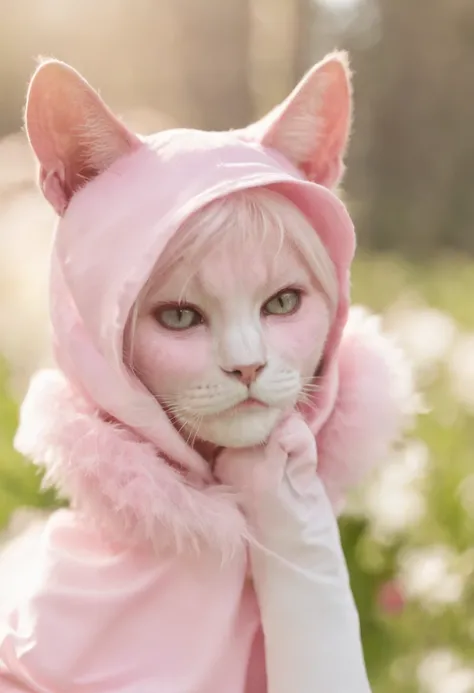 a beauty girl，in pink，nakeness，is shy，cat ear，Beast tail，Face full of milk