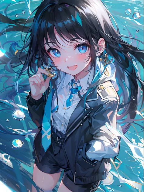 ((top-quality)), ((​masterpiece)), ((ultra-detailliert)), (extremely delicate and beautiful), girl with, 独奏, cold attitude,((Black jacket)),She is very(relax)with  the(Settled down)Looks,A dark-haired, depth of fields,evil smile,Bubble, under the water, Ai...