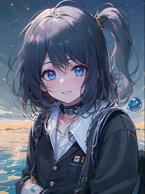 ((top-quality)), ((​masterpiece)), ((ultra-detailliert)), (extremely delicate and beautiful), girl with, 独奏, cold attitude,((Black jacket)),She is very(relax)with  the(Settled down)Looks,A dark-haired, depth of fields,evil smile,Bubble, under the water, Ai...