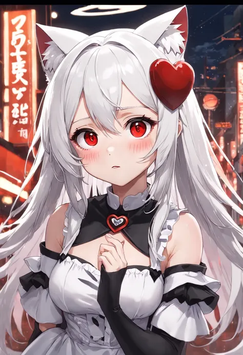 white hair, maid headdress, heart-shaped pupils, heterochromia, red eyes, white eyes, cat ears, shy, blush, puckered lips, heart in eye, anime style, UHD, retina, masterpiece, anatomically correct, textured skin, high details, super detail, high quality, b...