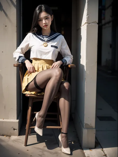 (full body:1.5)，((1girl):1.4),(view the viewer:1.4)，(anatomy correct:1.3),(Sitting on a chair by the street:1.2),(A yellow and white Sailor suit and checkered high waisted pleated skirt :1.2),((tan Pantyhose):1.3),( girl pointed thick heels :1.1)，(Foot rin...