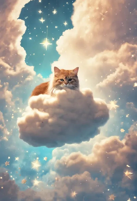 a cute cat in a cloud over some stars framed by clouds on a wall, in the style of digital collage, dreamlike scenarios, animated gifs, ethereal dreamscapes, light brown and sky-blue, tarot card, eiichiro oda