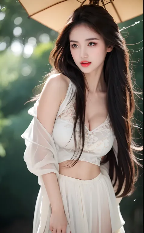 ((Best Quality, 8k, Masterpiece: 1.3)), Focus: 1.2, Perfect Body Beauty: 1.4, Buttocks: 1.2, ((Layered Haircut)), (Wet Clothes: 1.1), (Rain, Street:1.3), (Breasts: 1.2), (Hanfu: 1.2), Bare Shoulders, Bare Legs, Highly Detailed Face and Skin Texture, Fine E...