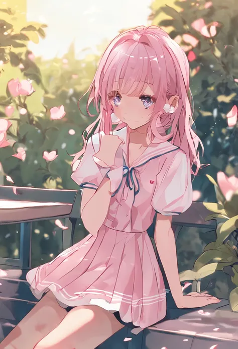 Light pink，Very smooth hair，Wearing a sailor suit in a short blue skirt，is smiling softly，It looks light，Very cute，Gentle temperament，Its a cute girl，flatchest