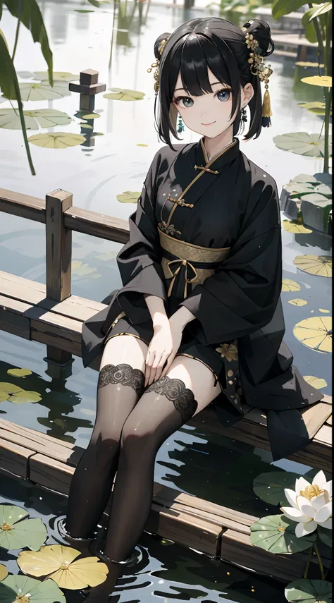 hoang lap，8K high resolution，ultra - detailed，（1girll：1.3），handpainted，Simple lines，16-year-old girl wearing black Chinese clothing，beuaty girl，In the lotus pond，tmasterpiece，Sit on a plank floating in the water，Floating hair，black pantyhoses，black pantyho...