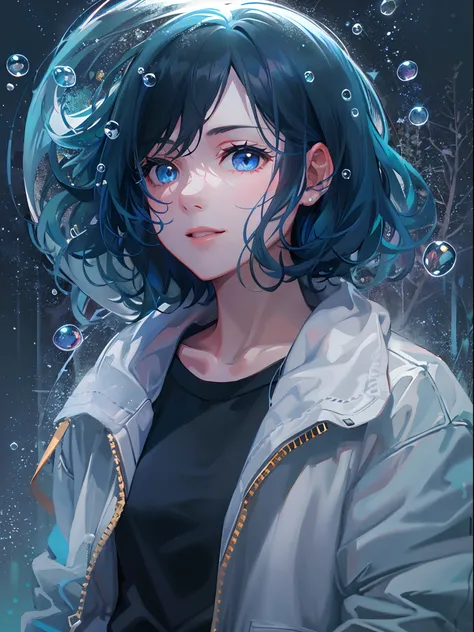 ((top-quality)), ((​masterpiece)), ((ultra-detailliert)), (extremely delicate and beautiful), girl with, 独奏, cold attitude,((Black jacket)),She is very(relax)with  the(Settled down)Looks,A dark-haired, depth of fields,evil smile,Bubble, under the water, Ai...