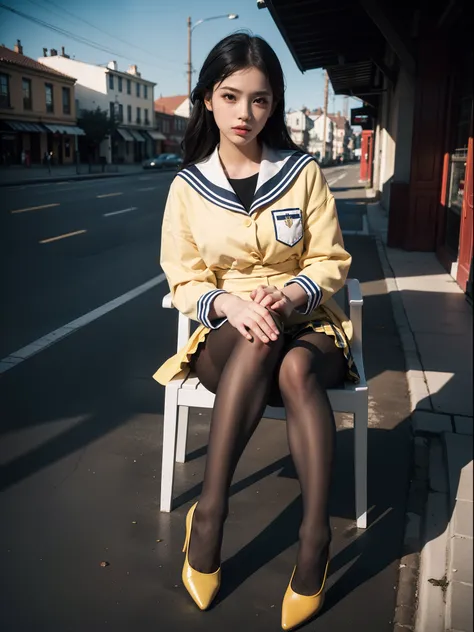 (full body:1.5)，((girl):1.4),(view the viewer:1.4)，(anatomy correct:1.3),(Sitting on a chair by the street:1.2),(A yellow and white Sailor suit and checkered high waisted pleated skirt :1.2),((tan Pantyhose):1.3),( girl pointed thick heels :1.1)，(Foot ring...