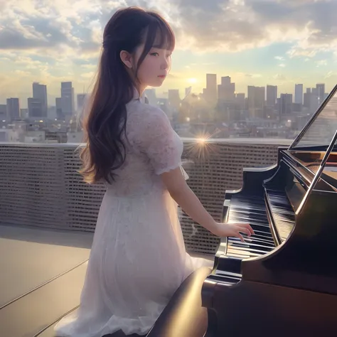 Highly photorealistic images, 18-year-old solo playing grand piano、She is showing the back of her head.、I cant see her face、Magnificent sky in the background、Slim young woman, a 20 yo woman、She overlooks the city、Watch a beautiful sunset in the clouds of h...