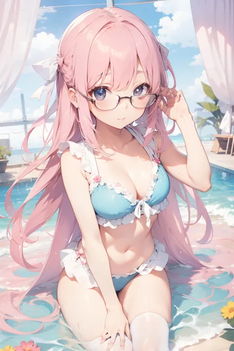 ​masterpiece、kawaii、Big glasses、Cute swimsuit、Shorthair、short-haired、shorth hair、White ribbon