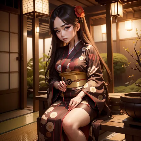 Sexy woman with big eyes with long lashes with long hair in bright brown color wearing kimono in front of Japan garden posing provocatively