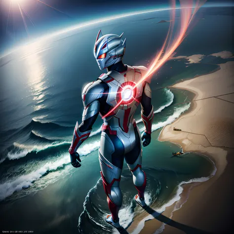 Arafeld man in suit standing on the beach，green seawater，Green beam, Ultraman, amazing wallpapers, key art, an epic anime of a energy man, cgartists, CG art, offcial art, japanese cgi, naoki ikushima, 3840 x 2160, 3840 x 2160